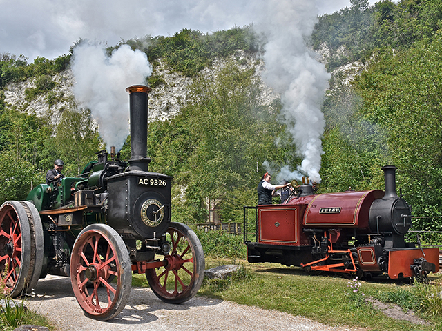 Vintage transport action at Amberley Museum in West Sussex with up to ten road engines in steam